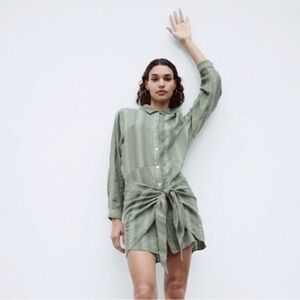 ZARA Olive Green Textured Tie-Front Shirt Dress